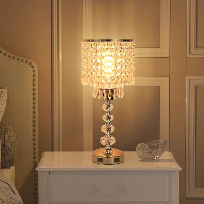 Crystal Table Bedside Lamp Touch Control, 3-Way Dimmable Small Nightstand Lamp with 2 USB Charging Ports, Decorative Gold Tabletop Lamp for Bedroom, Living Room and Guest Room