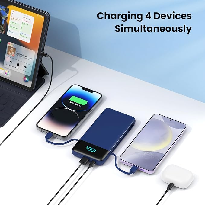 Portable Charger for iPhone,13800mAh Slim Power Bank with Built-in Cables & AC Wall Plug,All in One 4 Outputs USB C Fast Charging Battery Pack Travel Essential for iPhone 17/16/15/14,Android (Blue)