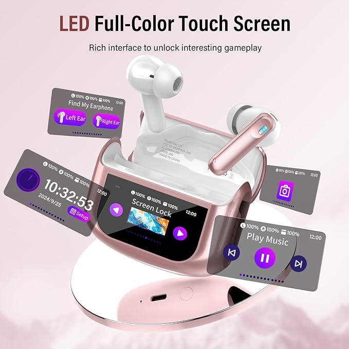Thunelec Wireless Earbuds, Bluetooth 5.4 Headphones with Multifunctional Touch Screen, 48H Bass Stereo Ear Buds with ANC/ENC Noise Cancelling/Transparency Mode, IPX7 Earphones with 5 EQ Modes, Rose