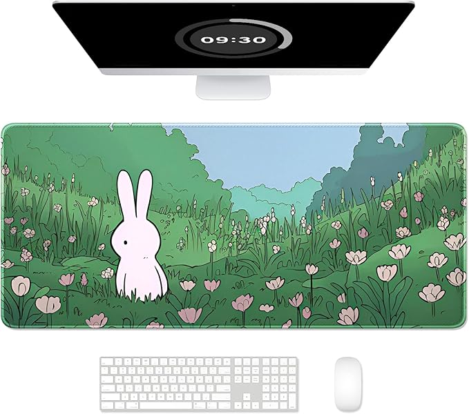 Auhoahsil Ultra Large Gaming Mousepad, XXL Extended Full Size Desktop Matt for Keyboard, Laptop & Computer, 35.5 x 15.7 in, Anime Bunny Green Grass