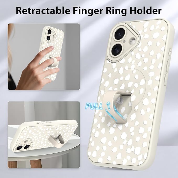 KANGHAR Compatible with iPhone 16 Case, Support for MagSafe, Silicone Speck Leopard Cute Pattern, Wristband Kickstand Camera Protection Soft Slim Cover for Girls Women -White