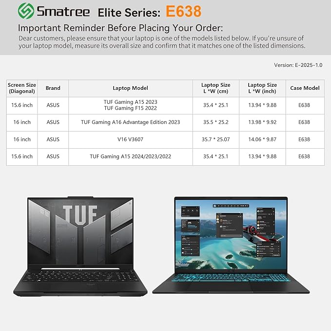 Smatree Laptop Sleeve for 15.6 inch ASUS TUF Gaming A15 2024/2023/2022, for 15.6 inch TUF Gaming F15 (2022), for 16 inch TUF Gaming A16 Advantage Edition, for 16 inch ASUS V16 V3607 Case(E638)