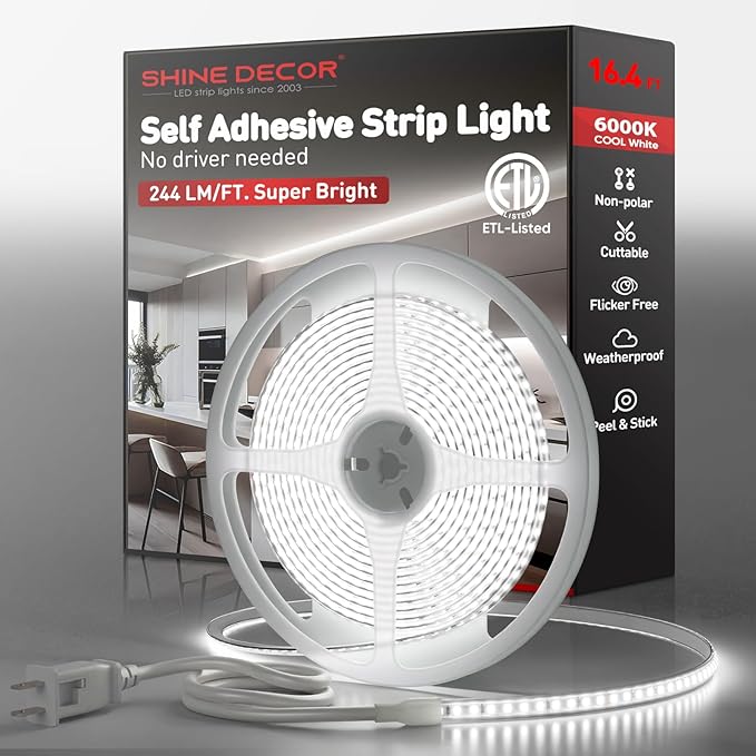 Shine Decor LED Strip Light Super Bright 4000LM, Plug&Play 120V Driverless Easy Wiring, Flicker Free Weatherproof for Outdoor Indoor, Min. 3.9” Cuttable Stickable, 6000K Cool White 16FT ETL Listed