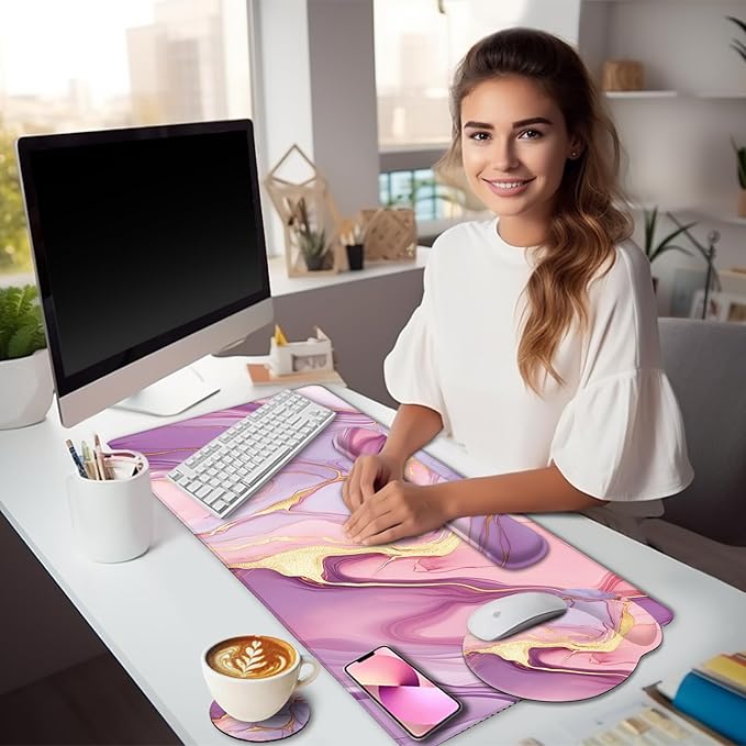 LIMKRIAN Marble Mouse Pad Set Large Desk Matt for Desktop, Ergonomic Mouse Pad with Wrist Rest for Gaming Wrist Support Keyboard Mat Cup Coaster Set Office Desk Decor Accessories