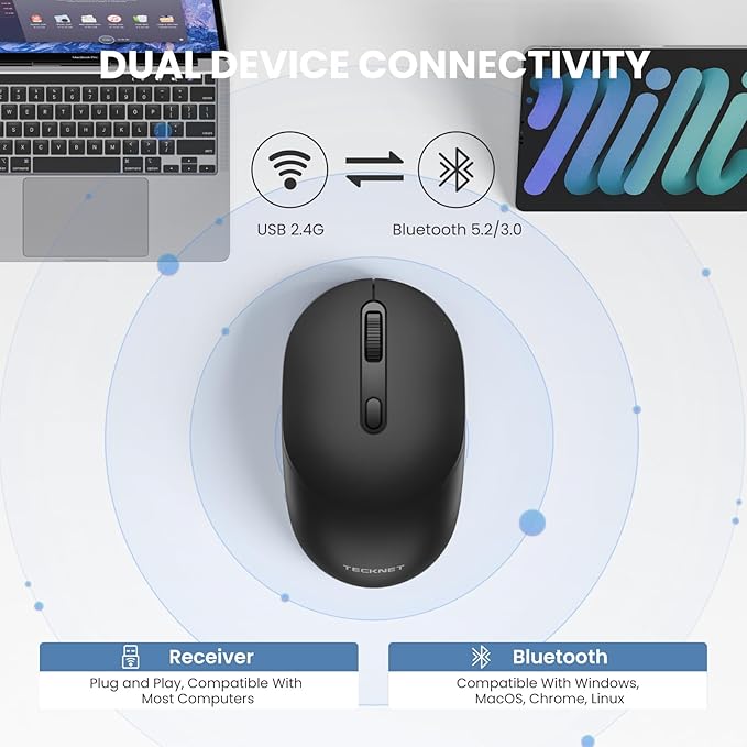 TECKNET Bluetooth Wireless Mouse, Bluetooth 5.2 & 2.4G USB-A Receiver, Compact & Portable, Silent Click, Ergonomic Symmetrical Design, 18-Month Battery, Adjustable DPI, Wide Compatibility - Black