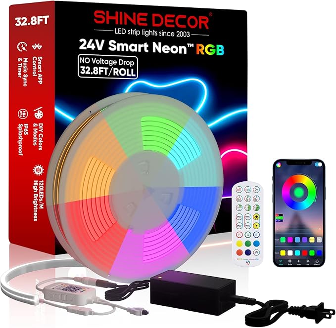 Shine Decor 24V Neon Rope Lights Smart APP Control Music Sync, 32.8FT/10M RGB Neon LED Strip Lighting for Indoor Outdoor Bedroom Gaming Light, Color Changing Dimmable Flexible IP65 Waterproof