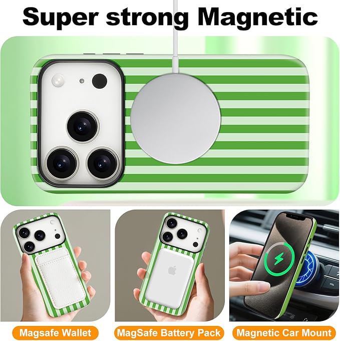 Magnetic for iPhone 17 Pro Max Case Cute Stripes Phone Case, Shockproof Slim TPU and Hard PC Protective Phone Cover Compatible with MagSafe Designed for Women Girls, Deep Green