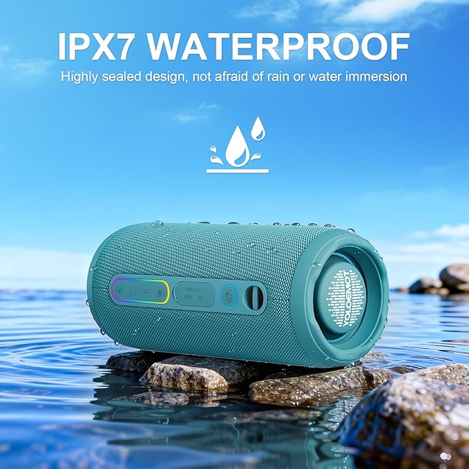 Bluetooth Bass Speaker 24W Loud Stereo Sound, Deep Bass, TWS Pairing, IPX7 Waterproof Dustproof,12H Playtime, RGB Light, Bluetooth Speakers Outdoor for Travel, Sport, Party, Biking (Teal)