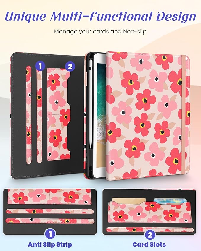 Kidcube for iPad 5th Generation Case 2017/Air 1st 2013/Pro 9.7 Inch Case 2016 - Women Girls Kids Cute Rotating Stand Folio Cover with Pencil Holder & Card Slot Girly Kawaii Floral Flower Design Cover