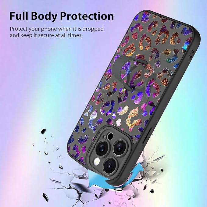 KANGHAR Compatible with iPhone 15 Pro Case, Support for MagSafe, Silicone Cute Iridescent Leopard Cheetah Pattern, Wristband Kickstand Shockproof Protective Slim Cover for Women Girls, Black