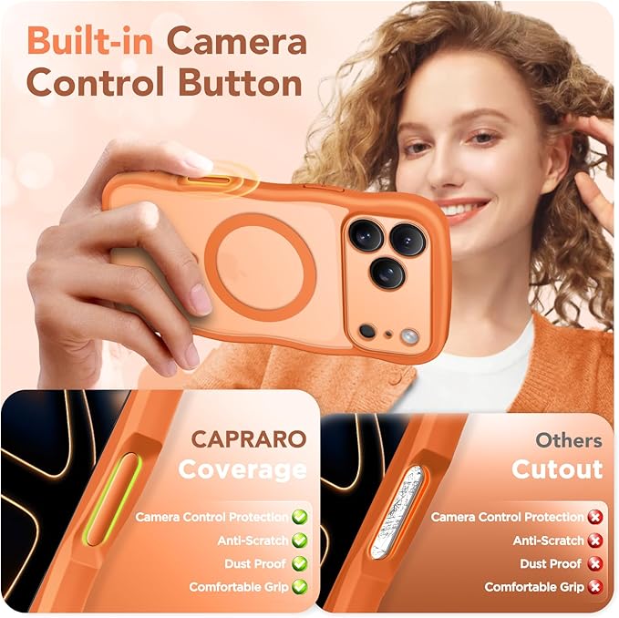 CAPRARO Magnetic for iPhone 17 Pro Max Case for Women Girls, Upgraded [Full Camera Protection] [Compatible with MagSafe] Cute Wave Translucent Matte Phone Case for iPhone 17 Pro Max, Clear Orange