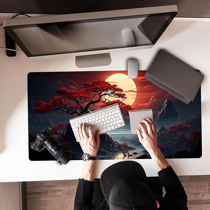 Japanese Dark Canyon Mouse Pad, Large Japanese Desk Mat, XXL Anime Gaming Keyboard Mat, Non-Slip Rubber Base & Stitched Edges, Big Extended Desk Protector for Home Office, 31.5”x15.7”