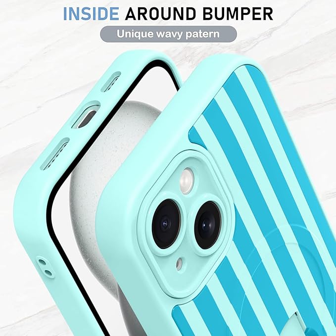 KANGHAR Compatible with iPhone 15 Case, Support for MagSafe, Silicone Stripes Cute Pattern, Wristband Kickstand Camera Protection Soft Slim Cover for Girls Women -Blue