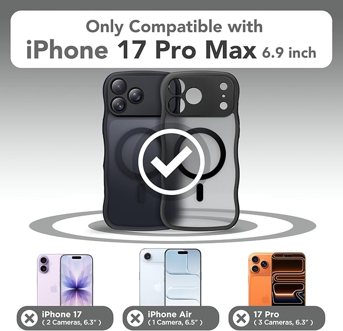 CAPRARO Magnetic for iPhone 17 Pro Max Case for Women Girls, Upgraded [Full Camera Protection] [Compatible with MagSafe] Cute Wave Translucent Matte Phone Case for iPhone 17 Pro Max, Black