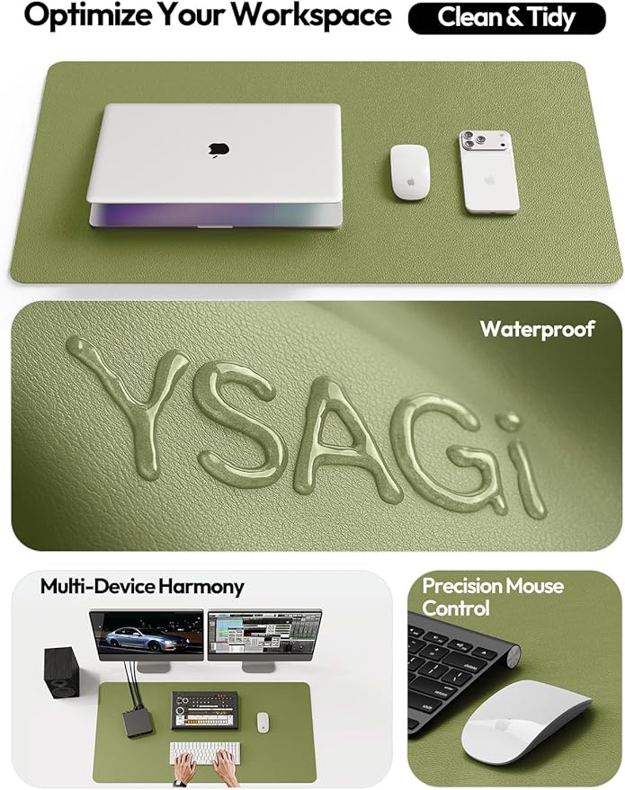YSAGi Leather Desk Protector, Office Mat, Large Mouse Mat, Non-Slip PU Leather Blotter, Laptop Desk Pad, Waterproof Writing Pad for Office and Home (Green, 23.6" x 13.8")