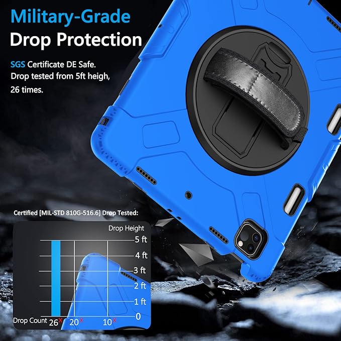 Miesherk Case for iPad Pro 12.9 Inch 6th/5th/4th Generation, Military Grade Heavy Duty Shockproof iPad Pro 12.9 Case - Rotating Stand, Pencil Holder, Hand/Shoulder Strap, Black+Blue