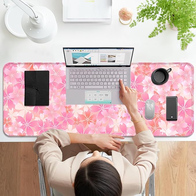 Japanese Cherry Blossom Gaming Desk Mat, Computer Keyboard Large Extended Flowers Mouse Pad for Office and Home, 31.5×11.8 Inches, XL, Pink
