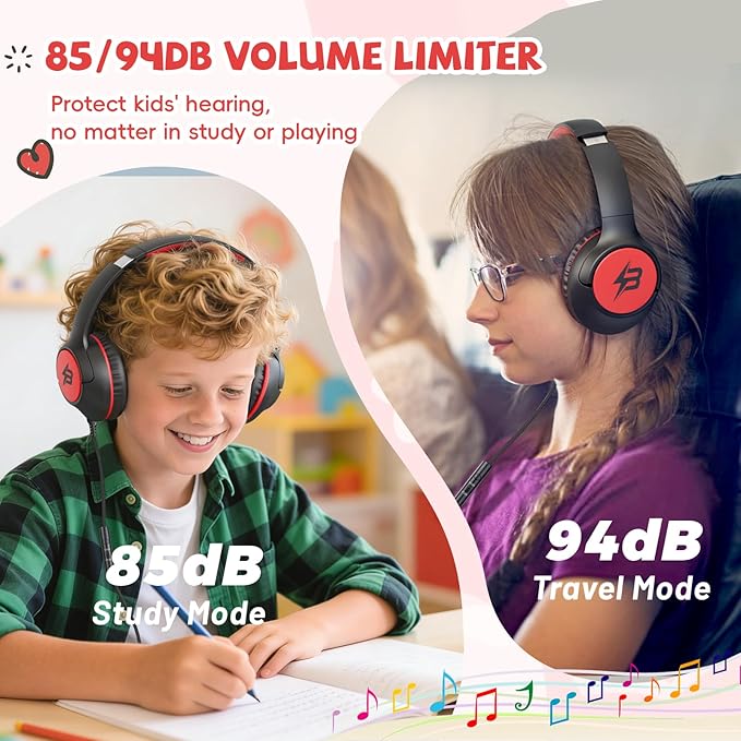 Kids Headphones Wired for School, 85/94dB Volume Limit, Wired Over Ear Headphones for Kids Boys Girls with Microphone, Stereo Sound 3.5mm Cord for Kindle Tablet Airplane Travel, Black Red