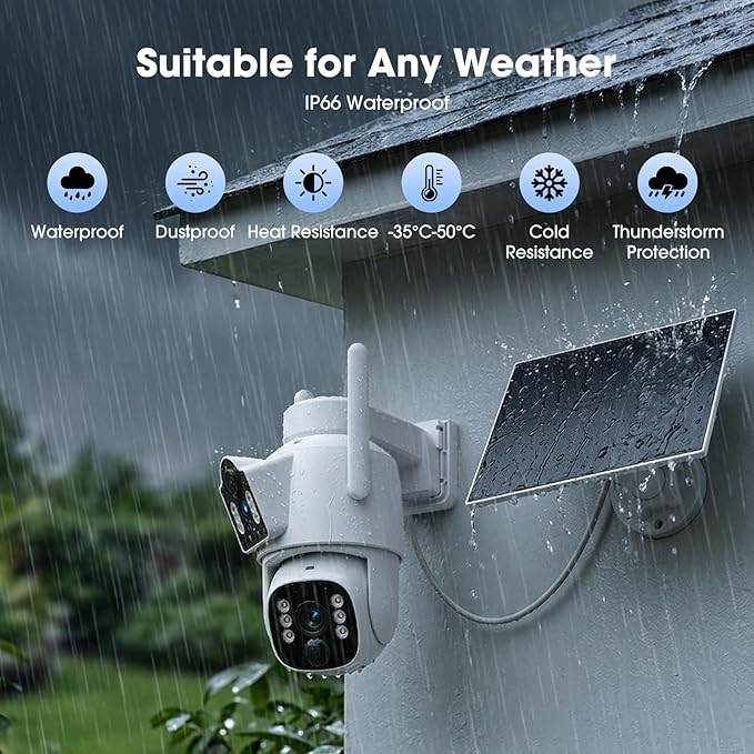 Camcamp Solar Security Cameras Wireless Outdoor, 4 Cameras (8 Screen), Dual Lens Wireless Cameras for Home Security, 10CH NVR, 2.4/5GHz WiFi, 2K Color Night Vision, 2-Way Audio, No Monthly Fee