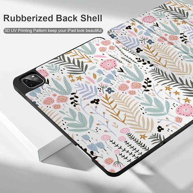 DONGKE Case for 2022/2021/2020/2018 iPad Pro 11 inch Gen 4/3/2/1 - Slim Protective Case - Built in Pencil Holder Support Charging - Trifold Stand & Sleep/Wake Cover - Tiny Flowers