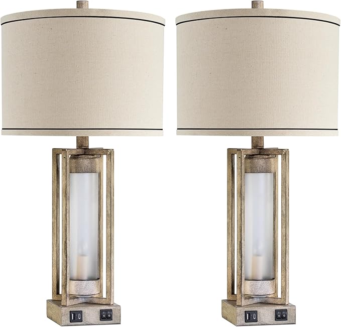 25" Set of 2 Farmhouse Table Lamps for Living Room with USB A+C Ports, Rustic Nightstand Lamp with White Night Light, Vintage Desk Lamp for Entryway Bedroom End Table, 4 Bulbs Included