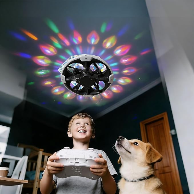 Mini UFO Drone for Kids – Safe RC Toy with 7 LED lighting modes, 360° Flips, Light Projection onto Ceilings, Auto Hover, Hand Gesture, 2 Batteries(14 Min Flight), Ideal Fun Gift for Kids