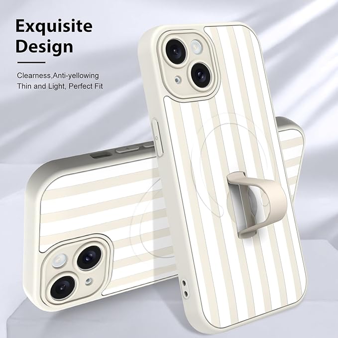 KANGHAR Compatible with iPhone 15 Case, Support for MagSafe, Silicone Stripes Cute Pattern, Wristband Kickstand Camera Protection Soft Slim Cover for Girls Women -White