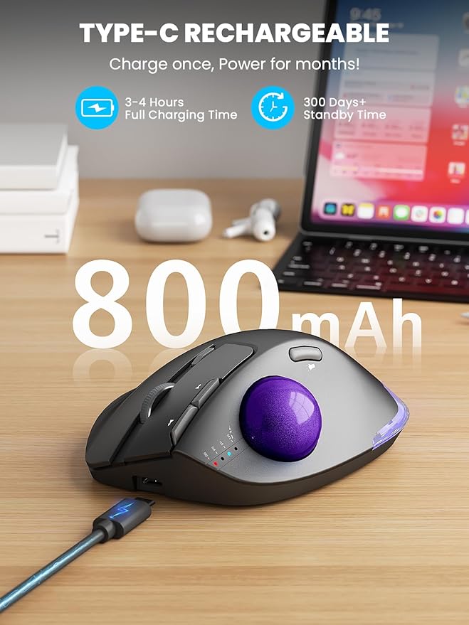 MAM1 Pro Wireless Trackball Mouse, Ergonomic Bluetooth Rechargeable Computer Mouse, Backlit Rollerball Thumb mice with 5 Level DPI, Adjustable Angle, 3 Devices Connection for PC, Windows - Purple Ball