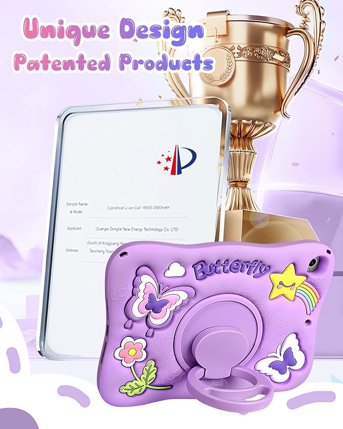 Kidcube for iPad Mini 4 Case, for iPad Mini 5 Case 2015/2019 - Girls Cute Kawaii Girly 3D Purple Butterfly Design Cover with Rotating Stand & Strap Silicone Teen for iPad Mini 4th/5th Generation Cases