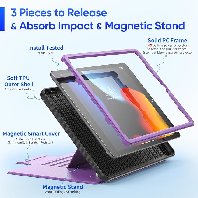 SEYMAC stock Case for iPad 9th/8th/7th Generation 10.2'', Strong Magnetic Auto Sleep Shockproof Case with Absorbing Multi-Angles Stand, Pen Holder, Card Slot (Purple)