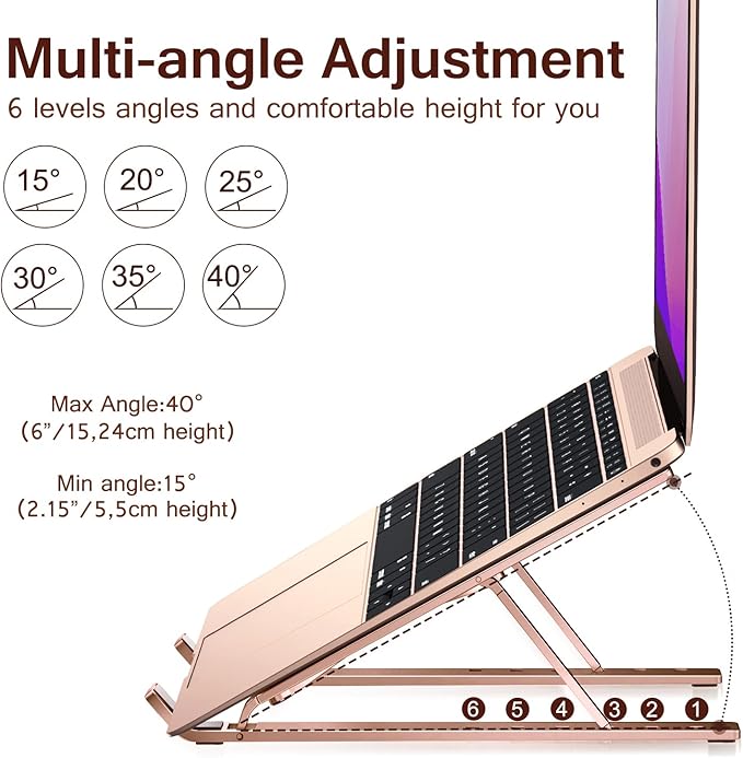 Laptop Stand, iVoler Laptop Holder Riser Computer Tablet Stand, 6 Angles Adjustable Aluminum Ergonomic Foldable Portable Desktop Holder Compatible with MacBook,iPad, HP, Dell10-15.6” Rose Gold