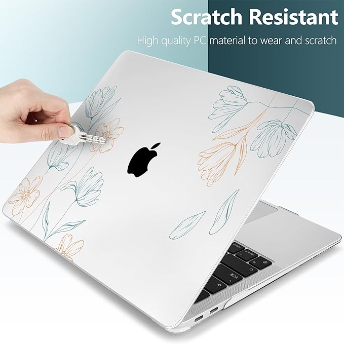 TWOLSKOO for MacBook Air 13.3 inch Case 2021 2020 2019 2018 Release M1 A2337 A2179 A1932 with Touch ID, Plastic Hard Shell Case & Keyboard Cover & Type C Adapter, Engraved Floral