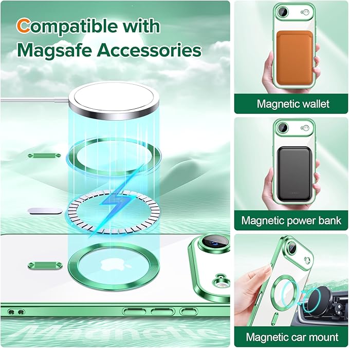 Hython Magnetic Clear for iPhone Air Case with Camera Lens Protector [Compatible with MagSafe] Luxury Plating Edge Slim Soft TPU Cover Protective Phone Case for iPhone Air 6.5", Light Green