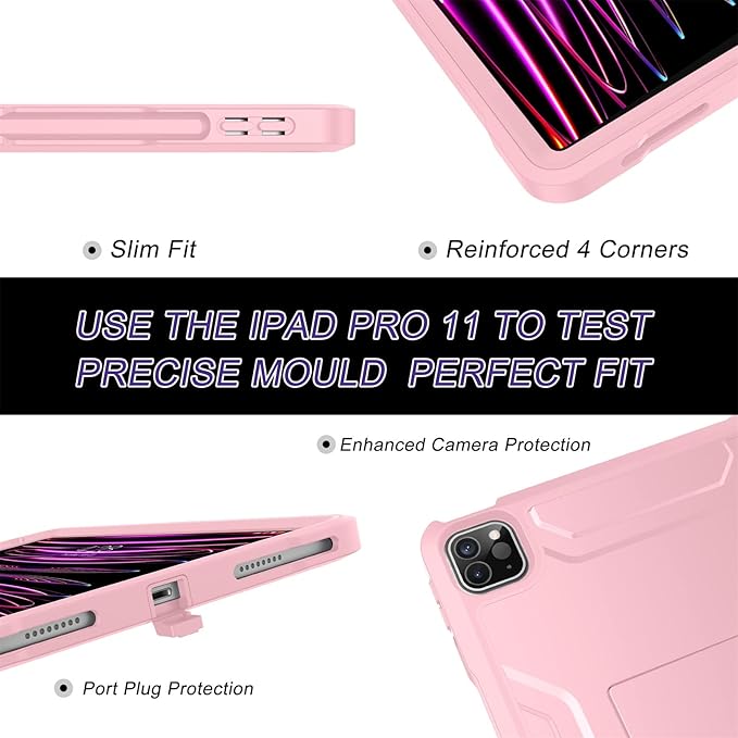 Soke Case for iPad Pro 11 Inch 2022/2021/2020/2018/iPad Air 5th/4th Generation,Built-in Screen Protector - Support 2nd Apple Pencil Charging - Heavy Duty Rugged Protective Kickstand Case - Pink