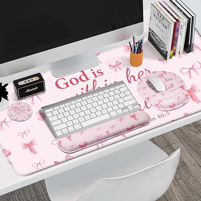 Mouse Pad + Desk Mat + Keyboard Wrist Rest + Coaster 4 in 1 Set, Cute Ergonomic Large Gaming Mousepad with Wrist Rest Support Desk Pad for Computer Laptop Office Home Decor-Pink Bow