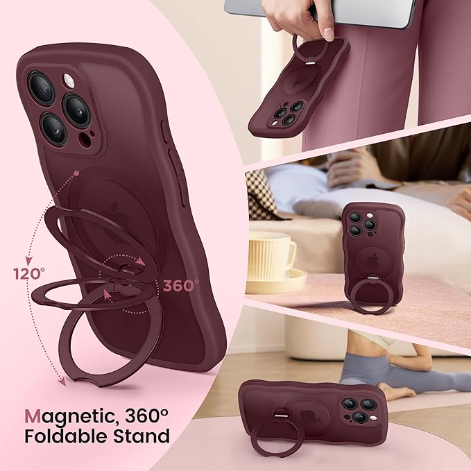 CAPRARO for iPhone 15 Pro Max Case with 360° Spin Magnetic Stand for Women, [Compatible with MagSafe] [Full Camera Protection] Cute Wave Translucent Matte Case for iPhone 15 Pro Max, Wine Red