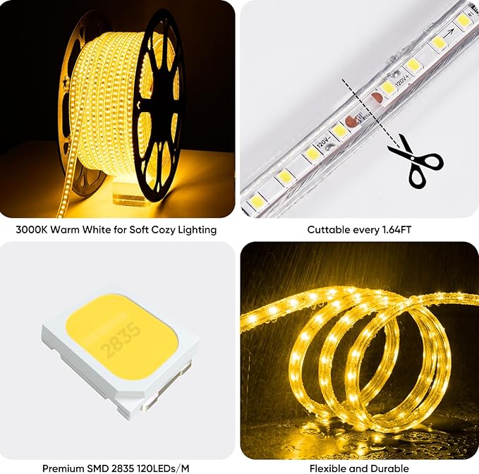 Shine Decor LED Strip Light 150FT 120VAC, Super Bright 19012 Lumens Dimmable, IP65 Waterproof for Outdoor Indoor, 3000K Warm White Every 1.6ft Cuttable Proselect Lighting Strip, 6x10mm ETL Listed