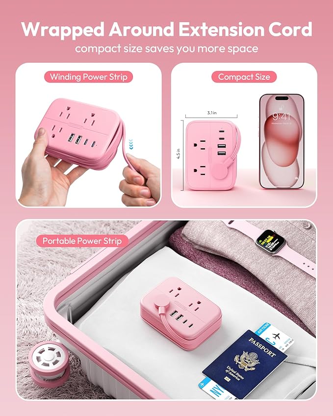 NTONPOWER Pink Extension Cord, Travel Power Strip, 6 Outlets 4 USB Ports(2 USB C), 4ft Extension Cord Wrapped Around Small Power Strip, Compact for Travel, Hotel, Cruise Approved, White