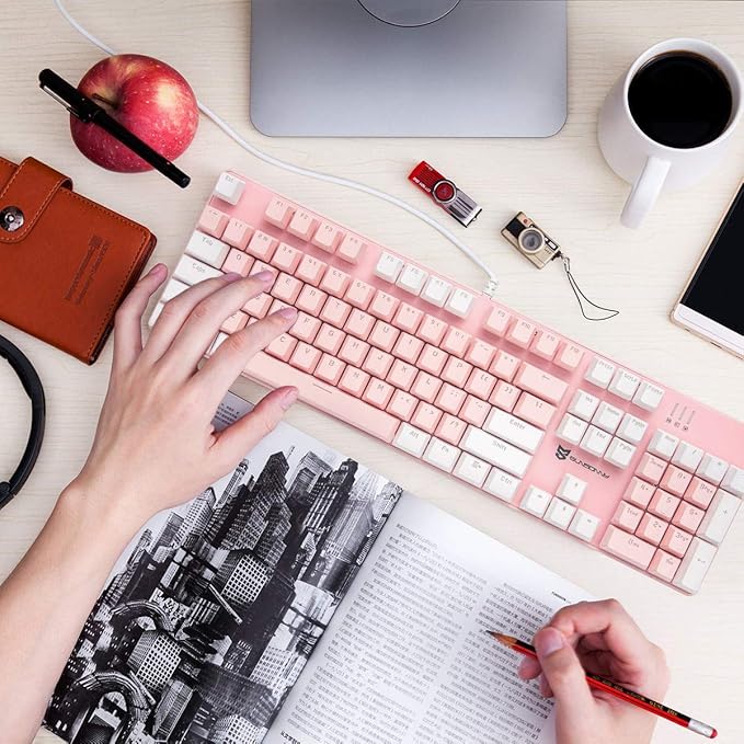 Merdia 104 Keys Full Size Mechanical Keyboard | Blue Switch, Pink & White Color 104 Keys US Layout Led Backlit Hot Swappable Wired Mechanical Light Up Pink Keyboard | Wired Gaming Computer Keyboards
