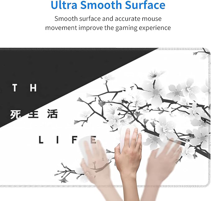 Black White Cherry Blossom Mouse Pad Japanese Sakura Death Life Extended Desk Mat 80X30 cm Non-Slip Rubber Base Stitched Edge Large XL Playmat for Gaming Laptop Computer PC Desktop,31.5×11.8 Inch