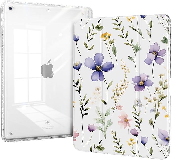 Case for ipad 9th Generation10.2 inch, for ipad 8th/7th Gen Case with Pencil Holder, Trifold Stand, Clear Shockproof Cover, Auto Sleep Shell, Purple Floral