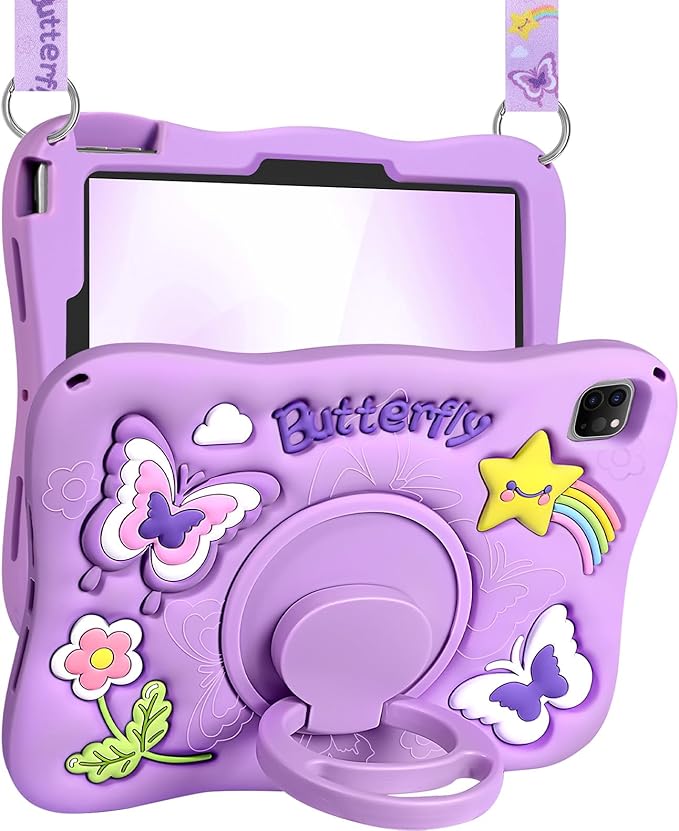 Kidcube for iPad Air 11 Inch Case M3 2025/M2 2024, Pro 11'' 4th/3rd/2nd/1st, Air 5th/4th Generation Case - Girls Cute Kawaii Girly 3D Purple Butterfly Design with Rotating Stand & Strap Silicone Cover