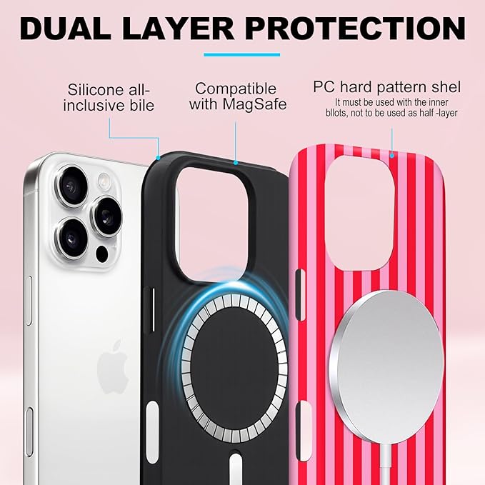 Magnetic for iPhone 15 Pro Case Cute Stripes Phone Case, Shockproof Slim TPU and Hard PC Protective Phone Cover Compatible with MagSafe Designed for Women Girls, Red and Pink