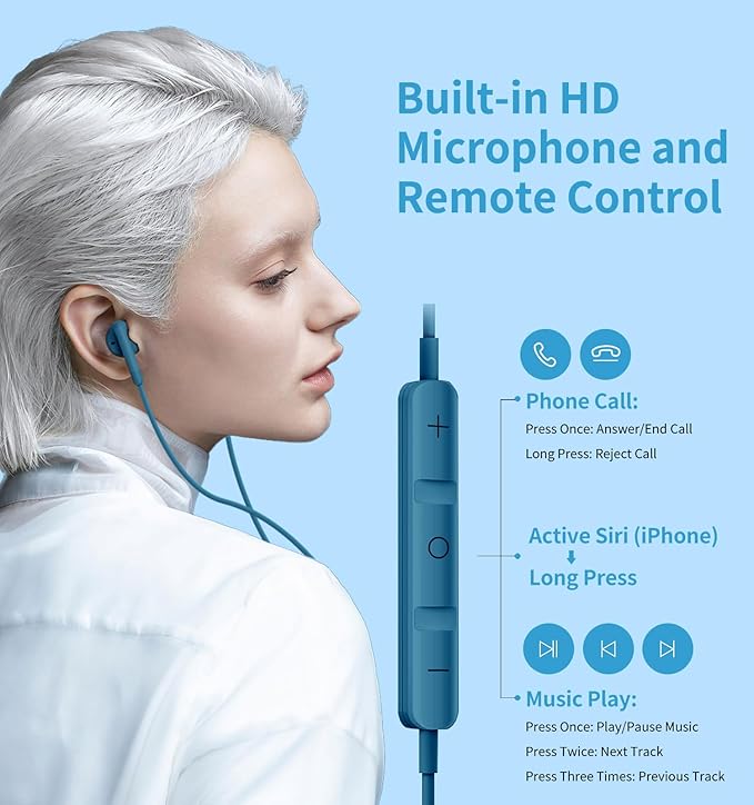 Kimwood Wired Earbuds with Microphone, Wired Earphones in-Ear Headphones HiFi Stereo, Powerful Bass and Crystal Clear Audio, Compatible with iPhone, Android, Computer Most with 3.5mm Jack(Blue)