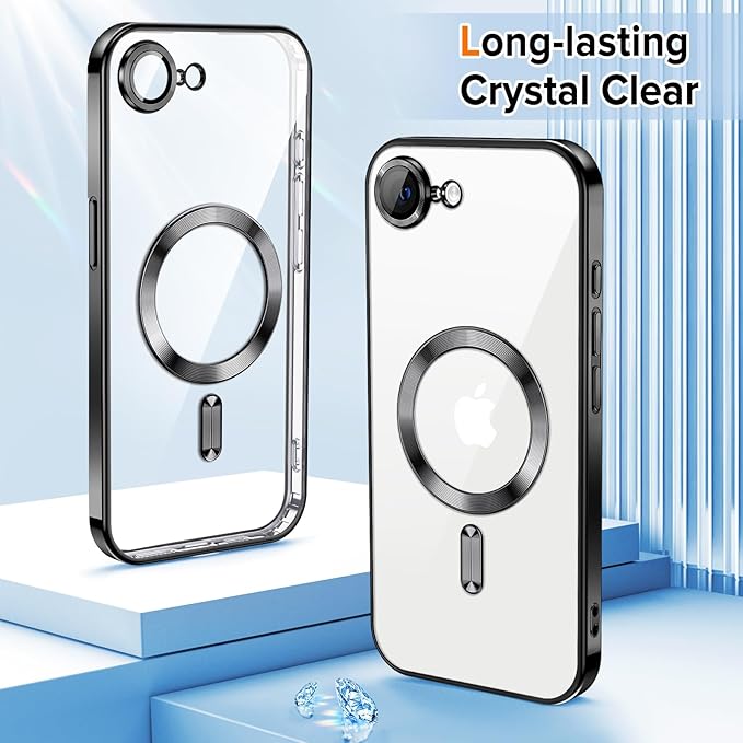 Hython Magnetic Clear for iPhone 16e Case with Camera Lens Protector [Compatible with MagSafe] Luxury Plating Edge Slim Soft TPU Cover Protective Phone Case for iPhone 16e 6.1", Black