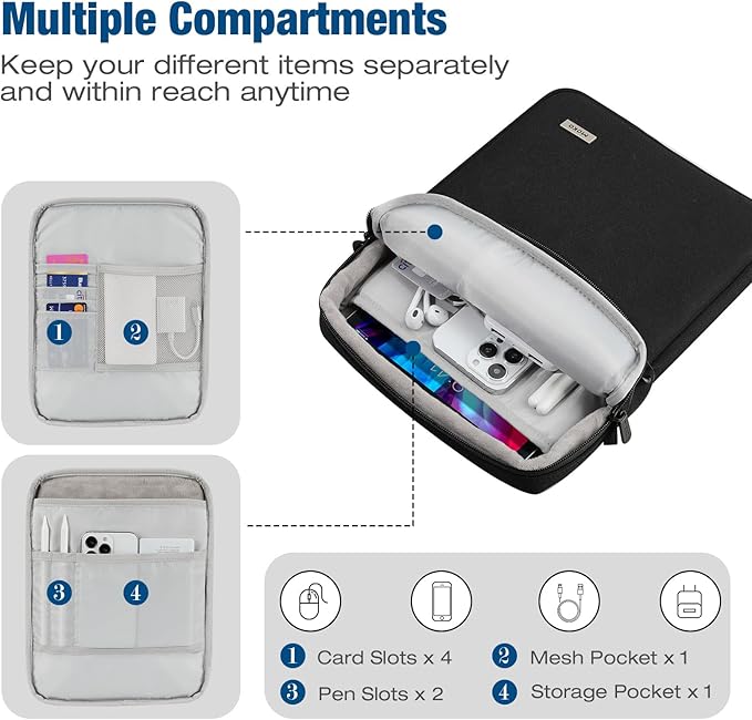 MoKo 9-11 Inch Tablet Bag, 360° Protective Carrying Case Fits iPad Air 5/4th 10.9, iPad Pro 11 inch, iPad 9/8/7th 10.2, iPad 10th Gen 10.9, with Multi-Pockets, Shoulder Strap & Earphone Port, Black