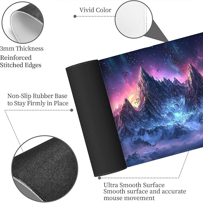 Mountain Desk Mat Northern Light Snow Mousepad XL Large Gaming Mouse Pad Laptop Keyboard Mat Desk Pad Desktop Accessories for Work & Study 31.5x11.8 Inch
