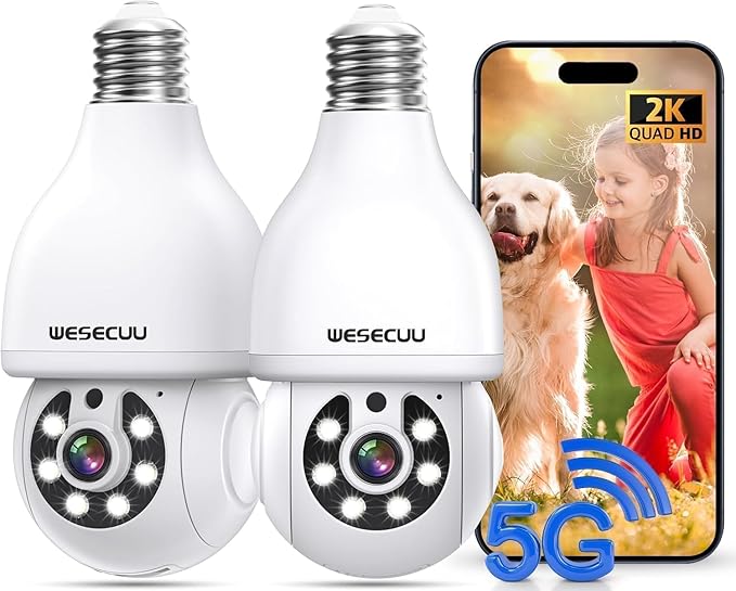 WESECUU Security Light Bulb Camera, 2K Light Bulb Security Camera Outdoor WiFi, 360° PTZ Light Socket Security Camera, Motion Detection Spotlight Siren, 24/7 Continuous Recording 2.4GHz