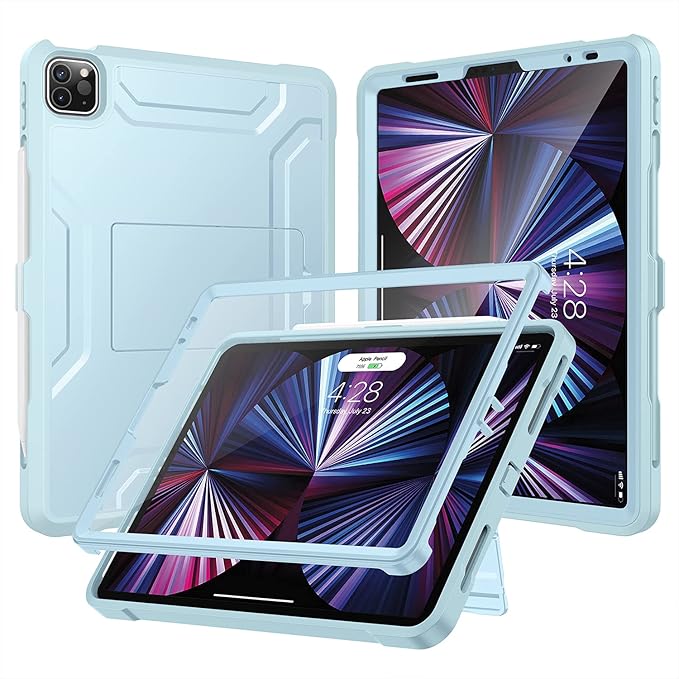 Soke Case for iPad Pro 11 Inch 2022/2021/2020/2018/iPad Air 5th/4th Generation,Built-in Screen Protector - Support 2nd Apple Pencil Charging - Heavy Duty Rugged Protective Kickstand Case - Sky Blue