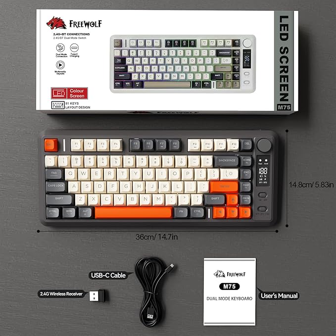 ZIYOU LANG M75 Wireless Gaming Keyboard, RGB Backlit Rechargeable 2000mAh Battery, Small Membrane But Mechanical Feel Keyboard with Smart Display & Knob, PBT Gradient keycaps for PC, MAC - Shimmer